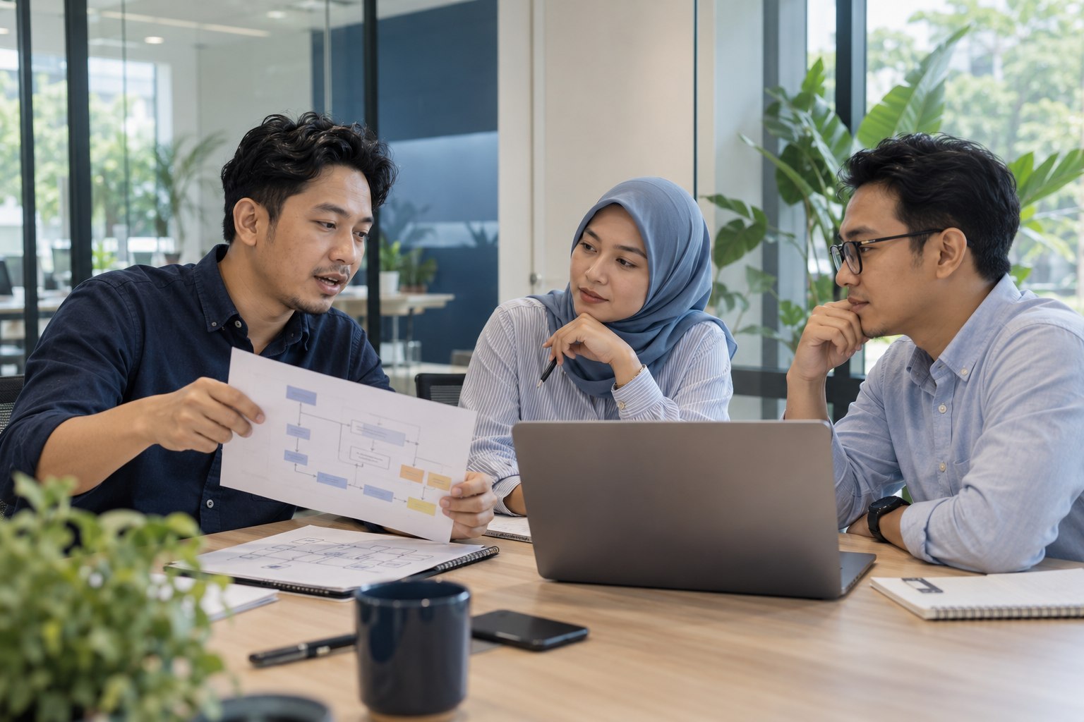 Ilustrasi diskusi kebutuhan sistem bisnis bersama profesional Indonesia di ruang rapat