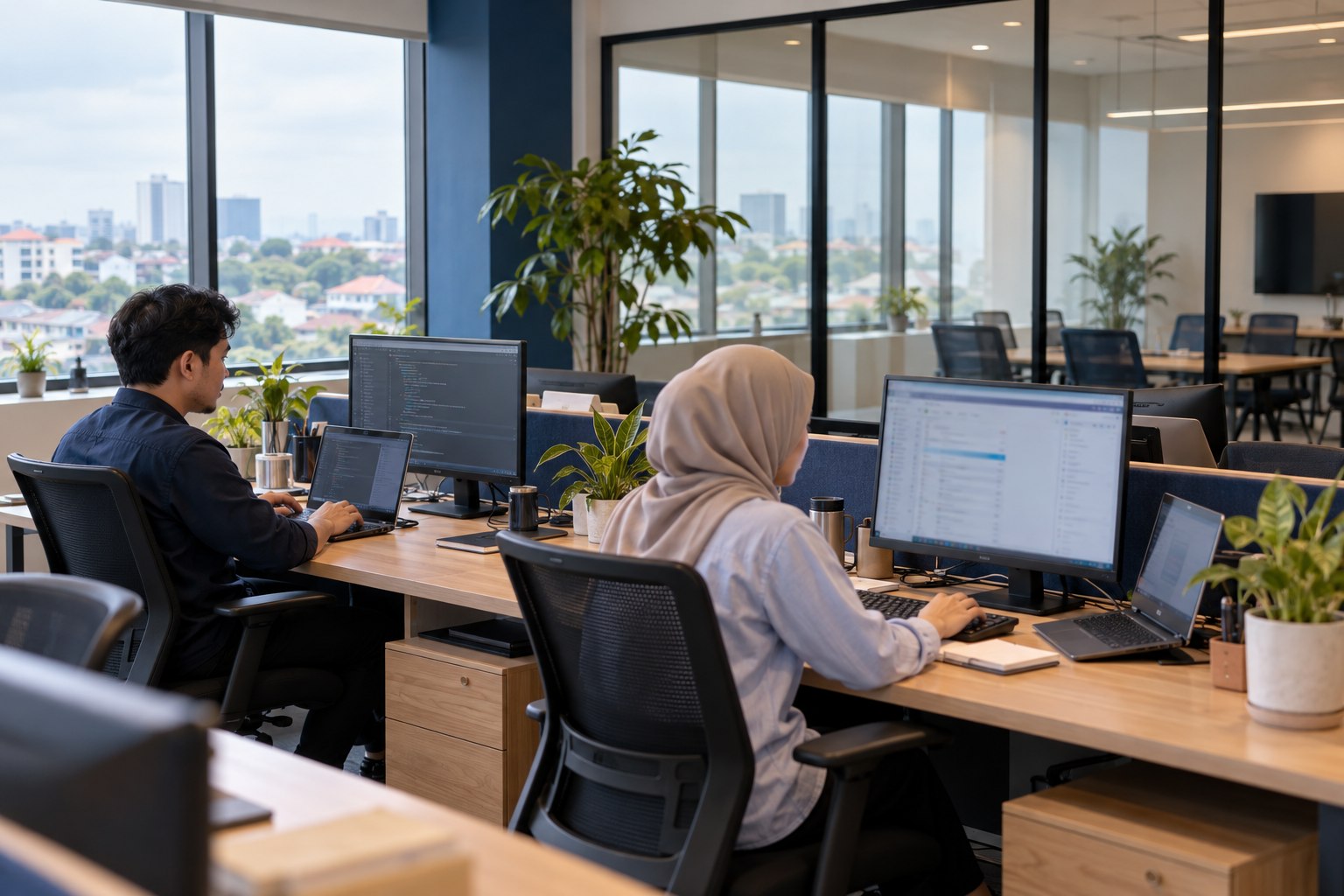 Ilustrasi suasana kantor teknologi di Indonesia dengan area kerja dan ruang rapat